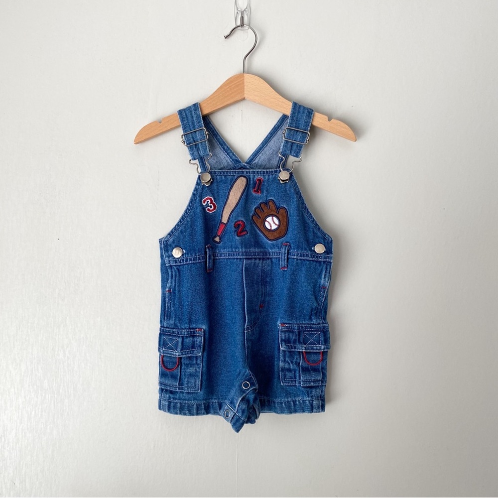 Vintage Y2K Embroidered Baseball Cotton Denim Shortalls Overalls 6-9M